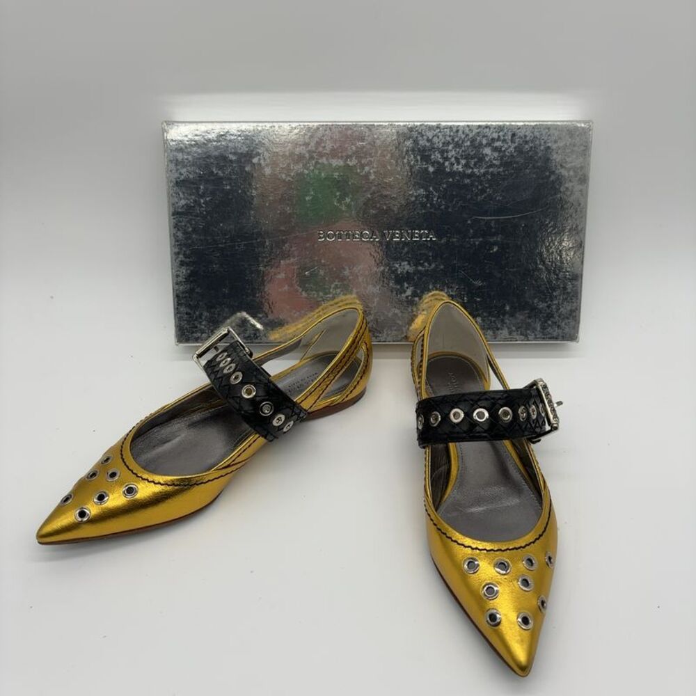 Bottega Veneta Mary Jane Suede top Strap Gold Leather Flats w/Box
